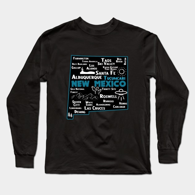 Cute map of Tucumcari New Mexico Albuquerque Map Santa Fe Los Alamos, Taos,Roswell Las Cruces Deming Carlsbad Silver City Long Sleeve T-Shirt by BoogieCreates